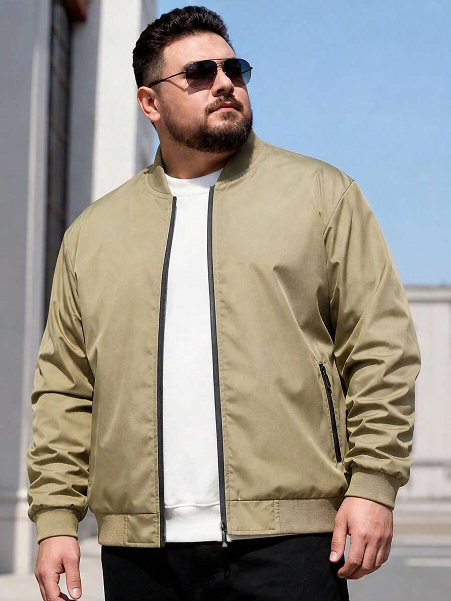 Men's Plus Size Solid Color Baseball Collar Jacket, Spring/Autumn - Khaki - View 1