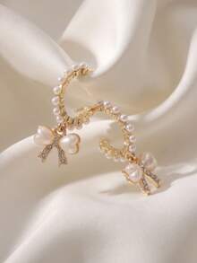 1 Pair C-Shaped Faux Pearl Bow Pendant Earrings, Suitable For Weddings, Parties, Festivals, Birthdays - Gold - View 4