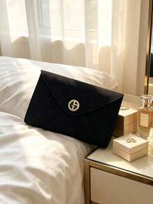 Black Envelope‑Style Suede‑Like Cosmetic Pouch Flip‑Cover Long Slim Clutch Makeup Bag With Round 3D Metal Logo Portable Storage Pouch For Glasses Jewelry Cosmetics Travel Holiday Gift Armani - Black - View 3