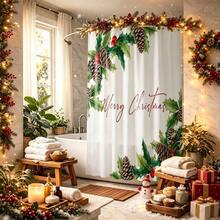 1件裝聖誕莓果花卉與Merry Christmas圖案浴簾，復古設計，防水，適用於浴缸隔簾，浴室裝飾與配件，聖誕裝飾，居家裝飾禮品，附12個掛鉤 - 彩色 - 查看 8
