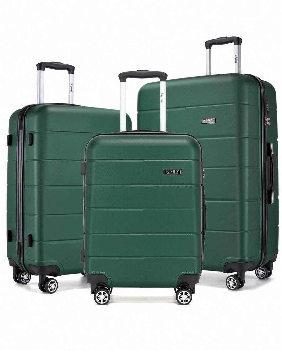 Travel Luggage Set 3 Piece Hard Shell Suitcase With Spinner Wheels TSA Lock Cabin Carry On 20 Inch 24 Inch Medium 28 Inch Large ABS+PC Case Dark Green - Dark Green - View 1