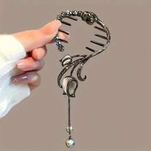 Women's Vintage Floral Banana Hair Clip, Rhinestone Pearl Tassel Ponytail Hair Hoop, Elegant Metal Curved Hair Clip, Suitable For Daily Wear And Parties - Multicolor - View 2