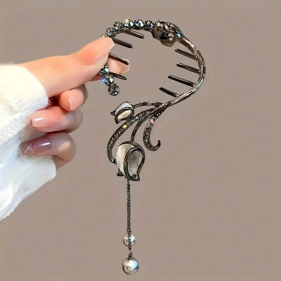 Women's Vintage Floral Banana Hair Clip, Rhinestone Pearl Tassel Ponytail Hair Hoop, Elegant Metal Curved Hair Clip, Suitable For Daily Wear And Parties