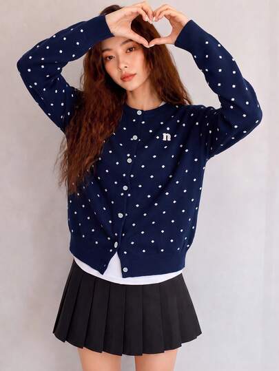 Women's Autumn/Winter Casual Minimalist Polka Dot Pattern Round Neck Cardigan Knit Sweater