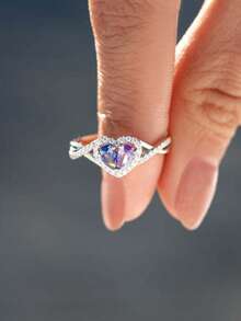 CIREY 1pc Cross-Over Rhinestone Heart-Shaped Blue Purple Ring, Personalized Luxury Finger Ring, Suitable For Halloween, Christmas, Birthday Gifts - Blue Purple Heart Ring - View 4