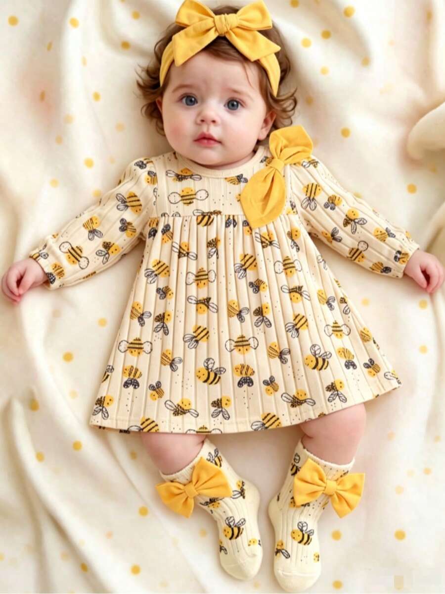新生女嬰禮品蝴蝶結羅紋蜜蜂印花洋裝,附襪子與髮帶多件套裝 - 黃色 - 查看 1