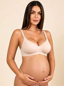 Hart & Haze Minimalist Seamless Nursing Bra, Breathable Solid Maternity Bra, Green Wire-Free Push-Up Lingerie, Front-Opening Postpartum Breastfeeding Bra - Pink - View 3