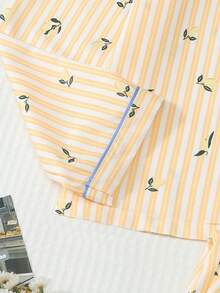2pcs Set Autumn/Winter Yellow & White Striped Lemon Print Long Sleeve Collared Top And Bowknot Pants Women's Pajamas Loungewear - Yellow - View 7