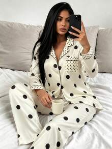 2pcs Women Polka Dot Lapel Button Cardigan Top + Elastic Waist Loose Pants Loungewear Set - Black and White - View 4