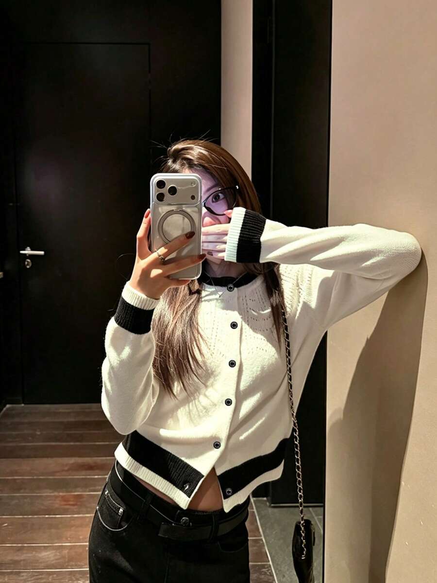 Design Hollow Knit Cardigan Black & White Color Block Elegant Short Sweater Jacket - White - View 1