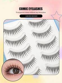 5 Pairs Pointed Tail Cartoon Eye Invisible Stem False Eyelashes, Wet Tip Girl Group Style, Natural Curl, Defined Strands, Fresh Sweet Korean-Japanese Big Eye Look, Soft Lightweight Faux Mink Hair - Black - View 4
