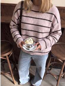 Women's Round Neck Striped Knit Sweater, Loose Casual Pullover Top, Vintage Style, Suitable For Campus, Street, Weekend And Daily Occasions - Pink - View 2