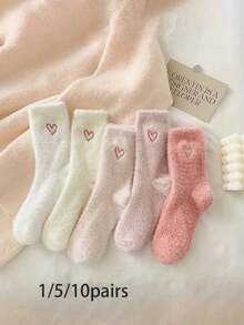 1/5/10 Pairs Thick Warm Winter Women's Pink Heart Pattern Socks - Multicolor - View 14