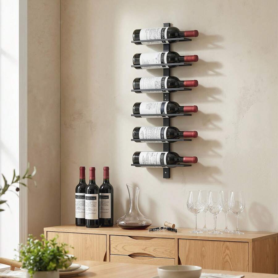 HOMCOM Portabottiglie da Parete per 6 Bottiglie, Portabottiglie in Acciaio a 6 Livelli, Porta Vino per Cucina, Sala da Pranzo, Bar, Cantina, Nero - Visualizzare 1