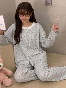 2pcs Women's Pajama Set, Cute Bear Print Cardigan Round Neck Fashion Long Sleeve Long Pants, Comfortable For Home Wear - Grey - View 4