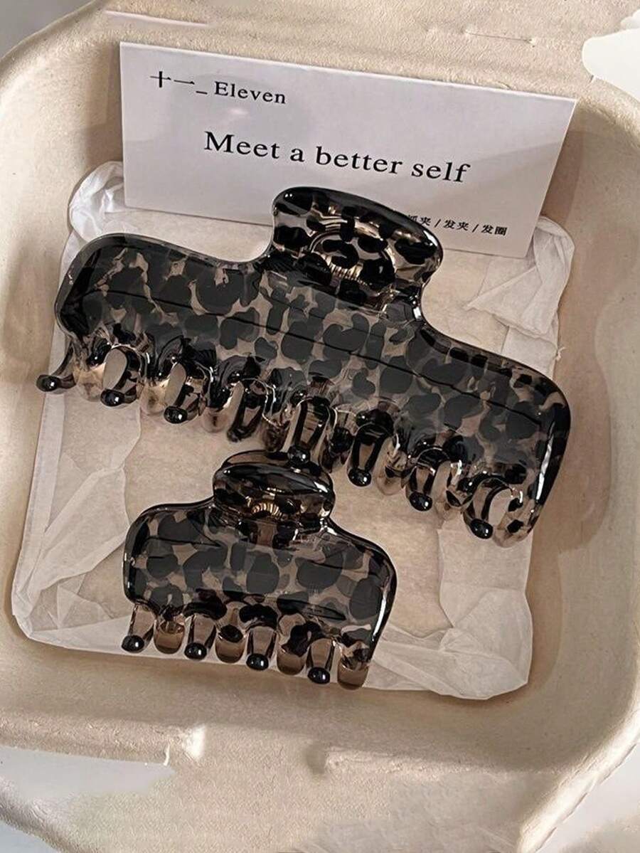 2pcs/Set Vintage Translucent Leopard Print Square Shark Hair Claw Clips, Small & Large Sizes Available, Premium Acrylic Hair Clips Hair Accessories - Multicolor - View 1