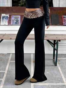 Women's Low Waist Casual Patchwork Contrast Color Leopard Print Wide Leg Pants - Black - View 10