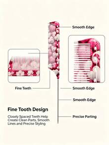 1pc Cute Heart Print Rat Tail Comb, Anti Static Fine Tooth Styling Comb For Precise Hair Parting & Braiding, Salon Home Hair Tool For Girls Women - Multicolor - View 3