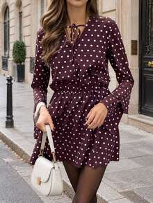All-Season Polka Dot Print Front Bow Thin Strap Double Layer Flared Sleeve Elastic Waist Design Fashionable Elegant Women's Short Dress - Multicolor - View 3