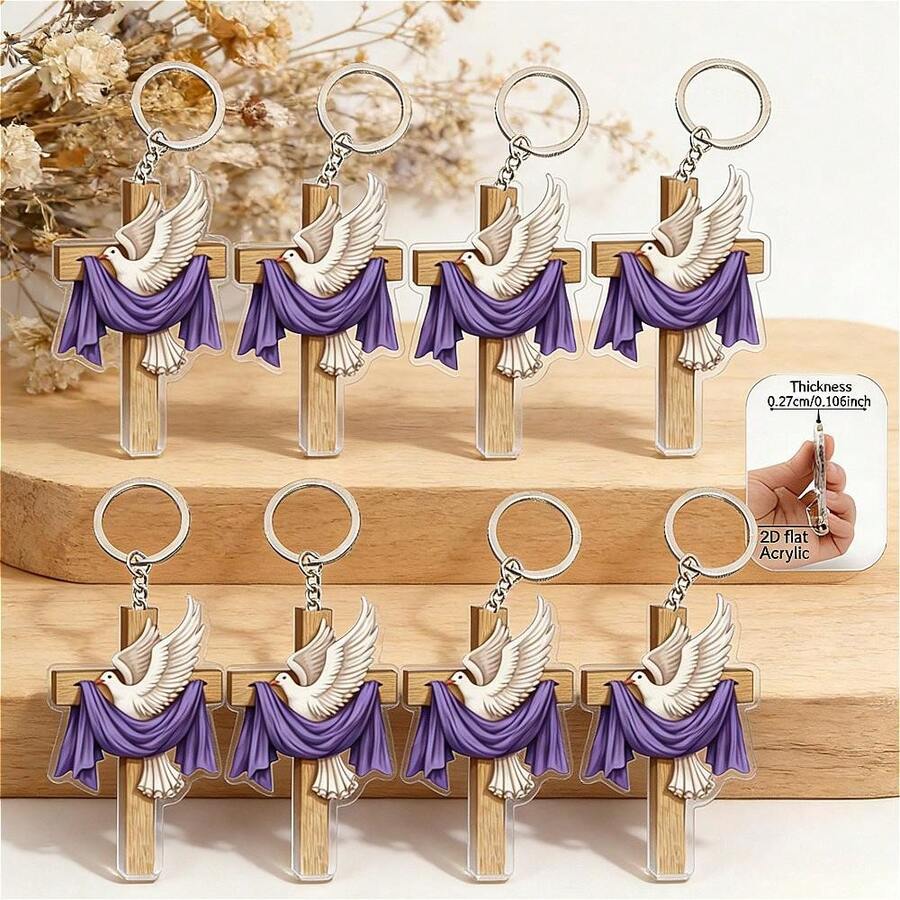 8pcs 2D Flat Acrylic Cross And Dove Keychains, Transparent Texture. Suitable As Backpack, Key Pendant, Unisex. Perfect For Religious Gatherings, Weddings, Baptisms, Etc. A Blessing Gift For Believers, Suitable For Personal Use Or Gifting To Friends And Family. - Peace Dove Set - View 1