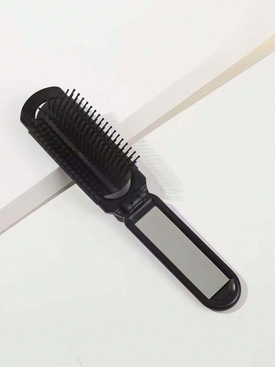 1pc Foldable Mirror Comb, Gift For Girlfriend - Black - View 1