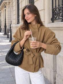Women's Autumn/Winter Faux Suede Lace-Up Stand Collar Loose Jacket - Camel - View 5
