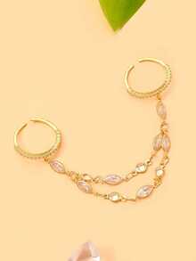 1pc New Double-Finger Linked Ring With Unique Design, Double-Layer Chain Draping, Fashionable Versatile Hand Accessory For Banquet And Party - Gold - View 3