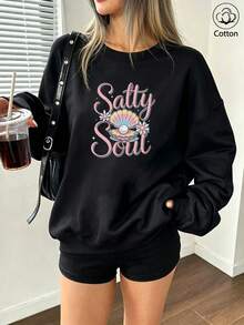 Women's Loose Fit Crewneck Sweatshirt With Salty Soul Text Print, Shell & Flower Patterns, Long Sleeve Pullover - Black - View 10