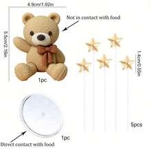 5pcs/7pcs Light Brown Bear With Golden Star Cake Topper Decorations, Suitable For Baby Shower, Birthday Party Cake Decor - Multicolor - View 8