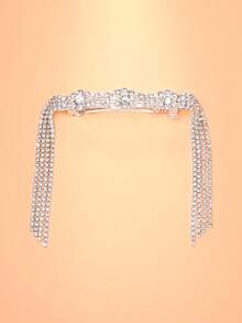 STONEFANS 1pc New Rhinestone Ponytail Tassel Hair Clip, European And American Fashion Crystal Hair Accessory Headpiece Hair Chain - Silver - View 2
