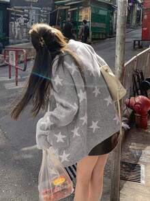 Women's Loose Star Pattern Cardigan Knit Sweater, Autumn/Winter - Grey - View 11