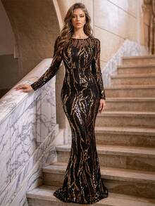 Romagic Đầm dạ hội cổ tròn đính sequin đen & vàng, đầm dạ hội dáng dài sang trọng - màu đen - Xem 5