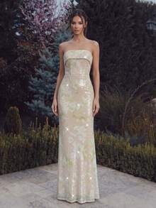 FEELAIR New Strapless Backless Fitted Dress, Heavy Embellished Printed Sequin Evening Gown, Elegant Party And Formal Banquet Dress - Apricot - View 4