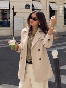 Women's Fashion Beige Double-Breasted Long Sleeve Trench Coat With Belt, Suitable For Autumn And Preppy Style - Apricot - View 7