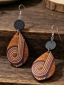 1 Pasang Anting-Anting Kayu Melengkung Geometris Pelangi Bergaya Vintage, Anting Gantung Bulat Motif Patchwork Bohemian. - Bentuk geometris - View 5
