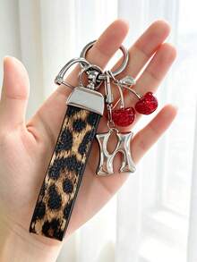 26 Alphabet Letter Keychain Pendant Creative Leopard Print PU Rope Key Strap, Cherry Charm, Car Keychain Pendant, Bag Charm Accessory, Key Decoration Accessory, 26 Letters To Choose From, Meaningful Gift For Family And Friends On Holidays - Brown - View 25