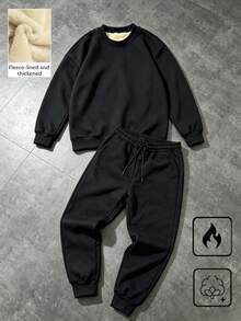 Set Pakaian Hangat Tebal Berlapisan Termal Pria, Kaos Pullover Leher Bulat, Celana Olahraga Termal Pinggang Elastis dengan Tali Serut, Cocok untuk Olahraga Luar Ruangan, Kasual Sehari-hari, Perjalanan, Pakaian Serbaguna - Hitam - View 1