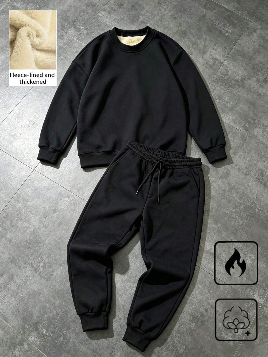 Set Pakaian Hangat Tebal Berlapisan Termal Pria, Kaos Pullover Leher Bulat, Celana Olahraga Termal Pinggang Elastis dengan Tali Serut, Cocok untuk Olahraga Luar Ruangan, Kasual Sehari-hari, Perjalanan, Pakaian Serbaguna - Hitam - View 1