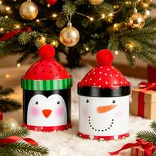 2pcs Christmas Storage Jars, Metal Decorated Penguin & Snowman Cute Red Top Fluffy Lid, Gift Storage Box - Multicolor - View 4