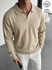 WAIT HIM Sweater Polo Kerah Polo Warna Polos Kasual Pria 100% Katun Ramah Kulit - Aprikot - View 1