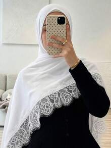 1pc Women's Solid Lace Trim Patterned Headscarf, Boho Multi-Functional Shawl, Elegant Simple Fashion Versatile, Lightweight Breathable, Daily Wear - White - View 1