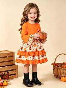 BrownBark Girls' Thanksgiving Turkey & Pumpkin Print Long Sleeve Colorblock Ruffle Hem Dress, Suitable For Autumn Holiday Party Outfit And Photo - Orange - View 3