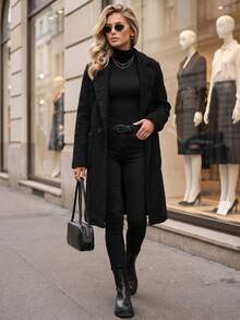 Women's Double-Breasted Teddy Coat With Lapels And Patch Pockets - Black - View 2