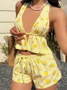Women's Two-Piece Loungewear Pajama Set: Bright Yellow Striped Lemon Print Halter Neck Tie Top And Elastic Waist Drawstring Boxer Shorts. Fresh And Fun, Suitable For All Seasons, Perfect For Casual Wear At Home Or Outings. A Top Choice For Holiday Gifts. - Yellow - View 2