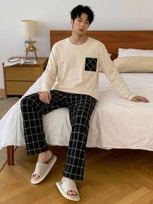 DAZY [AICJ Sleepwear] 2件套男士休閒寬鬆圓領長袖上衣與格紋拼接褲家居服套裝 - 米色 - 查看 1