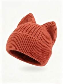 Pc Women Cute Cat Ear Knit Beanie Hat, Soft Plush Ribbed Cuffed Beanie, Solid Warm Winter Hat For Daily Wear - Cat Ear Knitted Hat - View 8