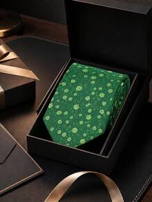 1pc Green Floral Polyester Woven Men's Tie, Classic Wedding Holiday Accessory, Casual Matching Holiday Gift Tie - Green - View 4