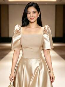 Women's Spring/Summer Solid Color Petal Sleeve Stand Collar Square Neck Elegant Blouse Crop Top - Champagne - View 2