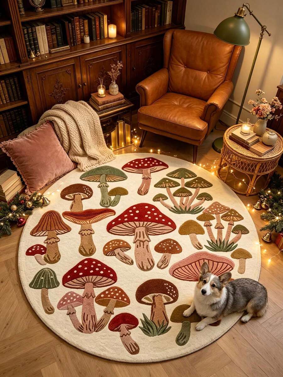 1pc Mushroom Pattern Round Rug, Thickened Rug, Thick Rug, Plush Rug, Autumn/Winter Rug, Thickened Rug, Living Room Rug, Rug, Living Room Area Rug, Small Area Rug, Mat, Home Decor, Large Living Room Rug, Round Rug, Living Room Home Decor, Room Decor, Washable Rug - Multicolor - View 1