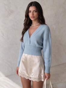 SUNSTORY Women's Autumn Light Blue Deep V-Neck Fitted Short Knit Sweater, Dropped Shoulder Long Sleeve Ribbed Hem, Suitable For Dating, Commuting, Christmas, Daily Outings - Blue - View 1